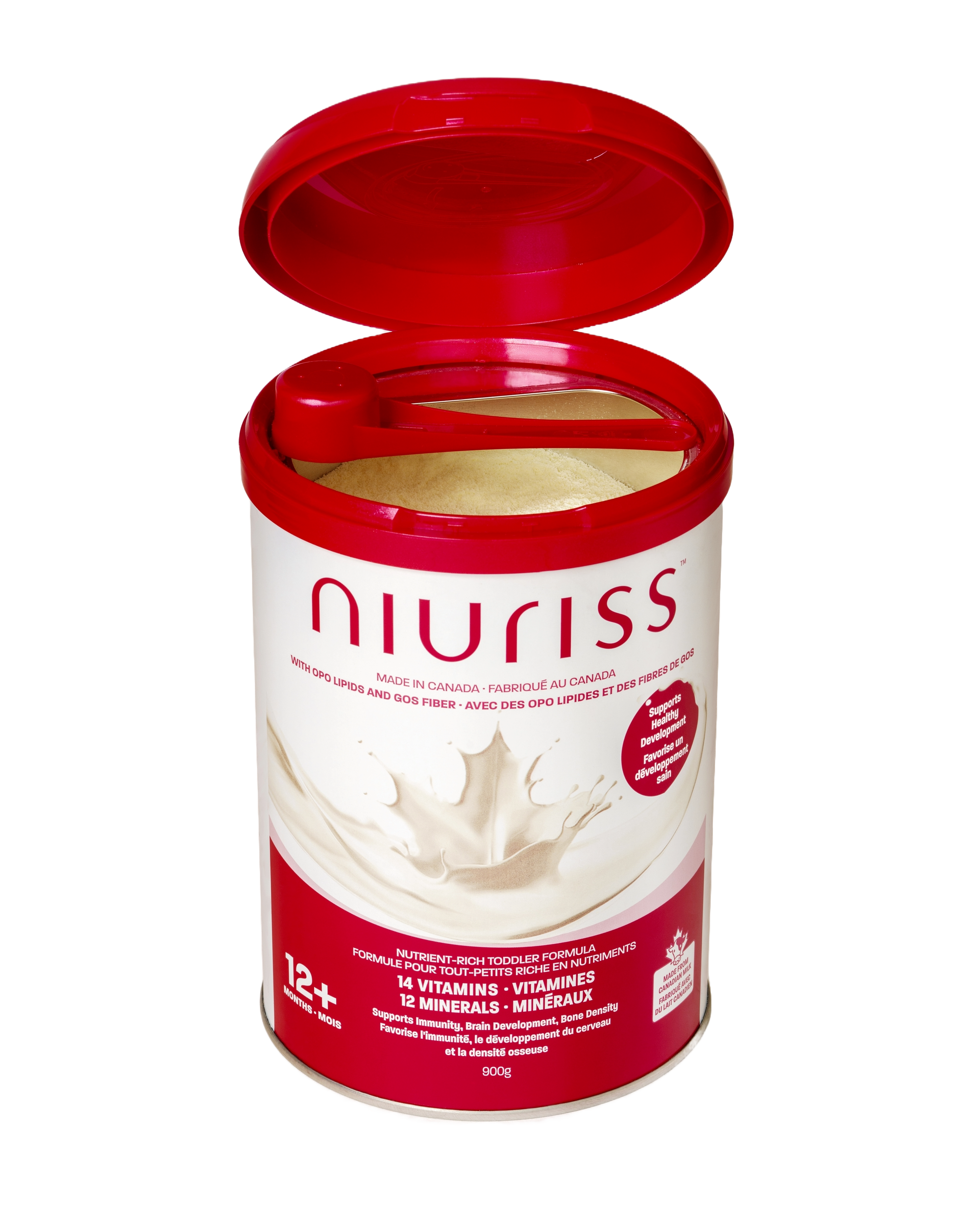 Open Niuriss Toddler Formula, for babies 12-36 months, with a scoop on leveler.