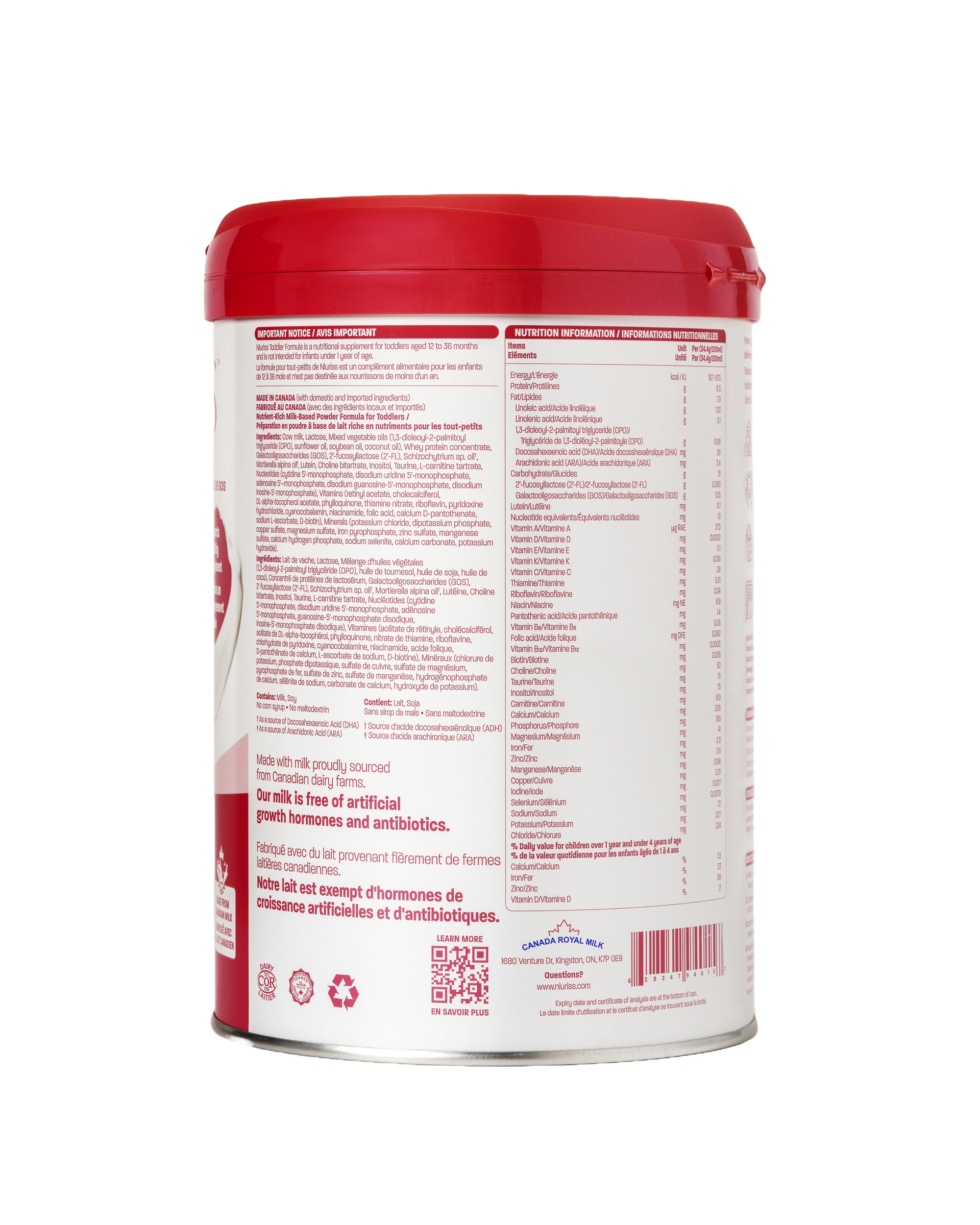 Back of the NIURISS baby Formula can displays the essential ingredients, vitamins, and minerals needed for your baby’s healthy development.