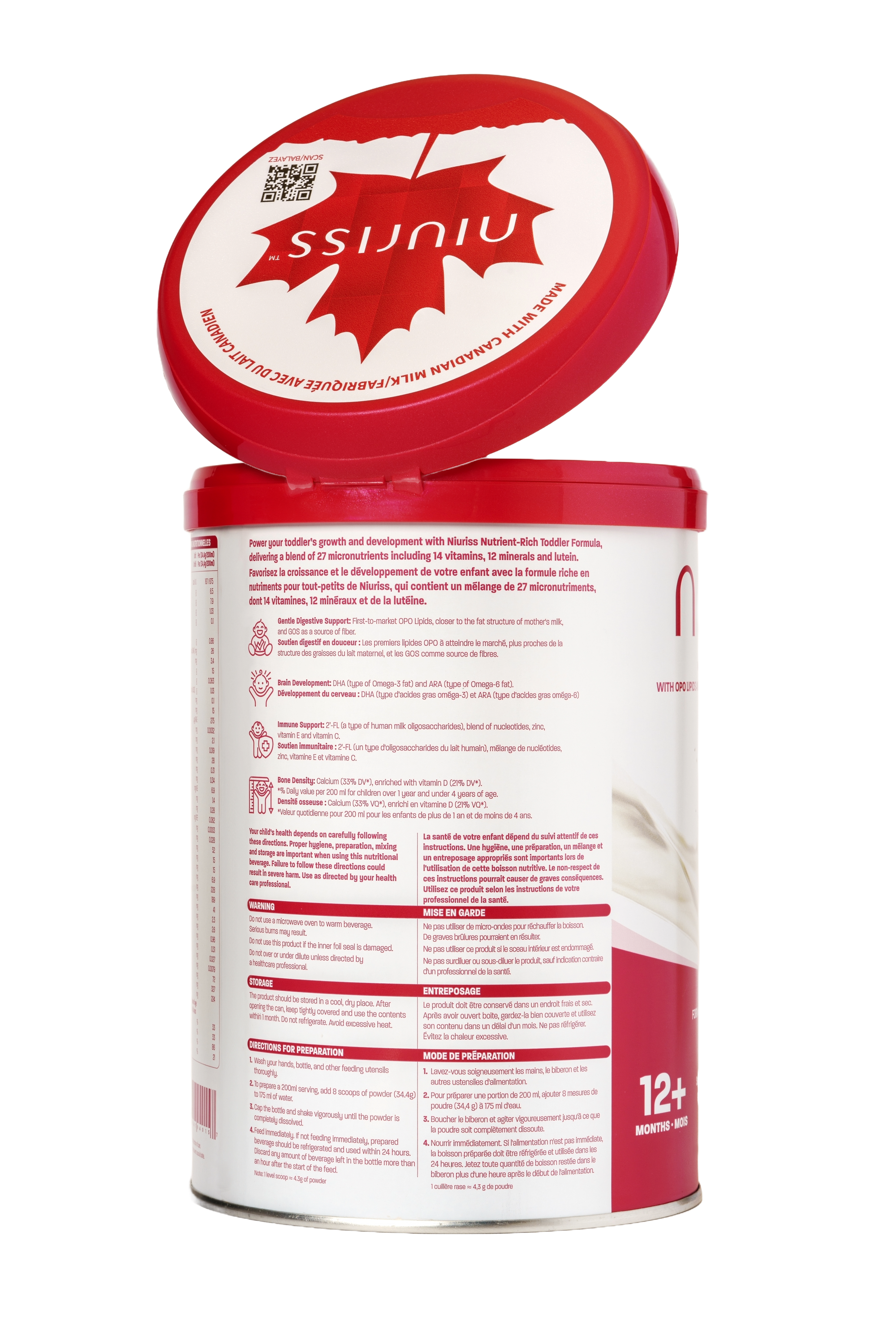 An open lid Niuriss toddler formula can with nutritional information at the back