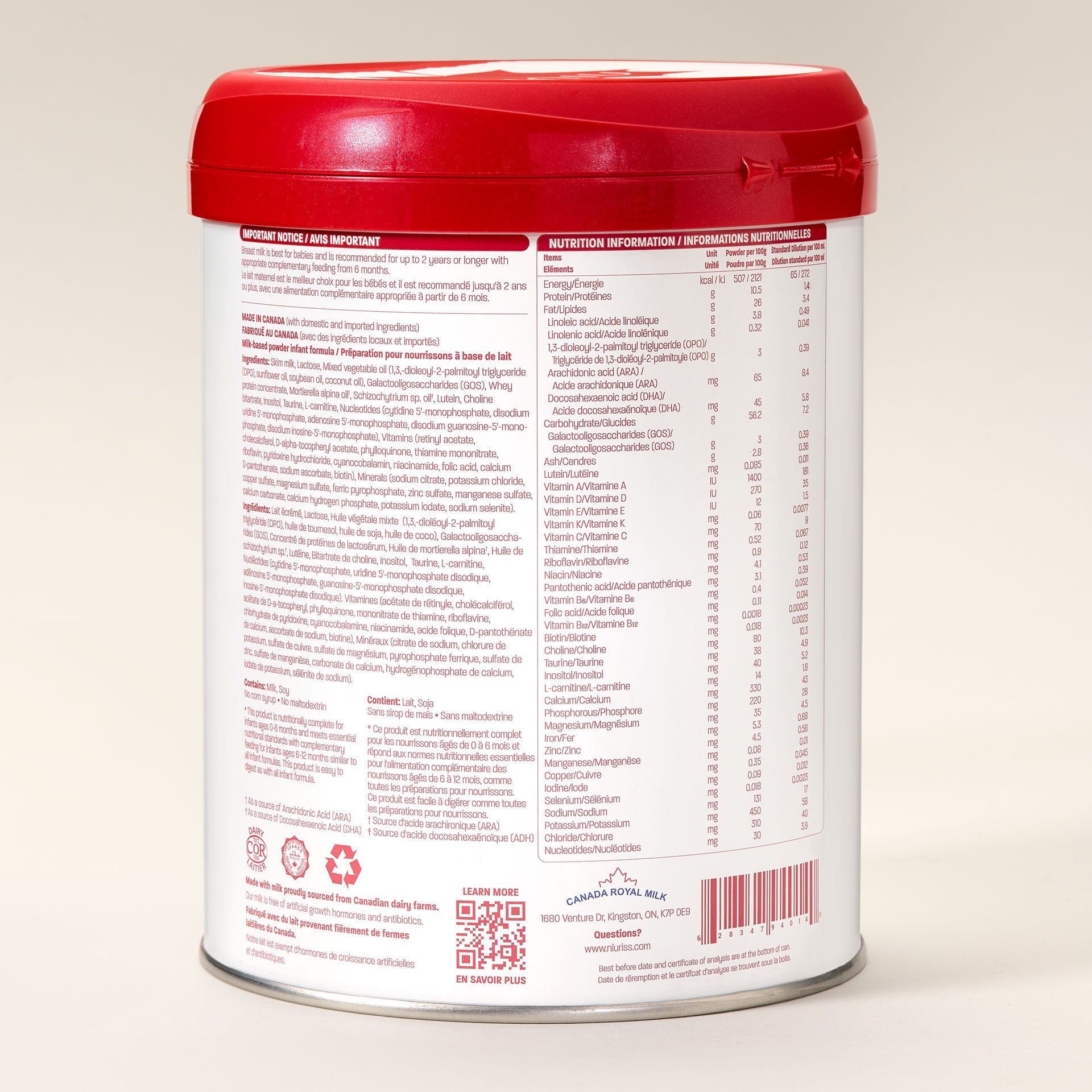 Product shot of the back of the can of Niuriss Infant formula, where its product information can be found.