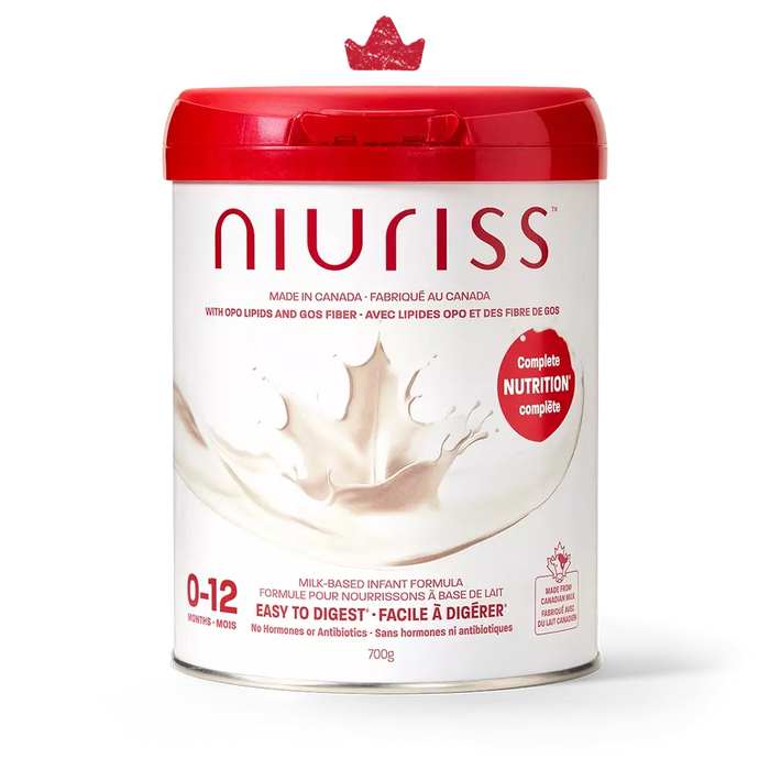 An official product image of a can of Niuriss Infant Formula. A crown hovers above it, representing our quality formulas.